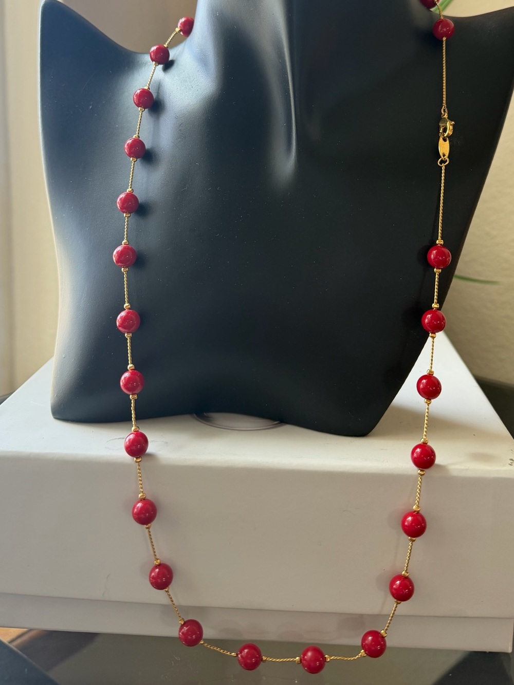 Elegant Gold Chain Necklace with Red Beads